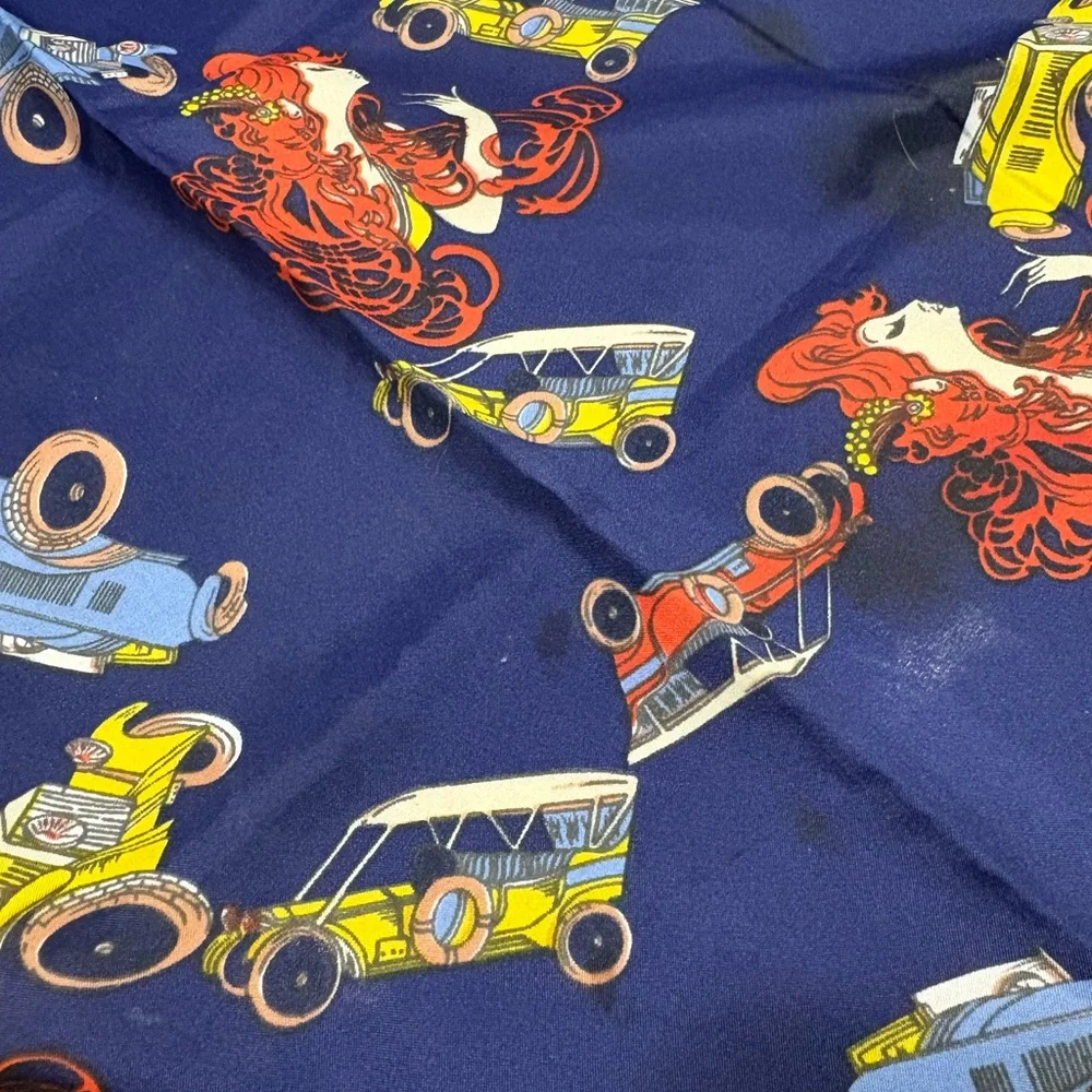 blue silk head scarf antique red and yellow cars and red-haired women
